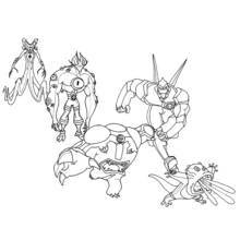 Dibujo de Ben 10 formas alienígenas en grupo para colorear