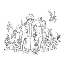 Dibujo de Ben 10 rodeado de sus transformaciones alienígenas para colorear