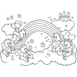 Dibujo de Care Bears jugando en las nubes con un arcoíris para colorear Dibujo de Care Bears jugando en las nubes con un arcoíris para colorear