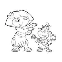 Dibujo de Dora la Exploradora bailando con falda hawaiana junto a Botas con guitarra para colorear