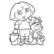 Dibujo de Dora la Exploradora con Botas el mono y un cubo para colorear