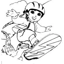 Dibujo de Go Diego! sobre una tabla de snowboard con un lagarto para colorear