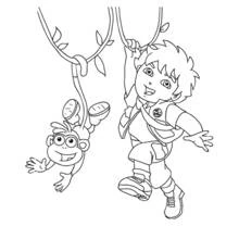 Dibujo de Go Diego colgado de una liana con un mono para colorear