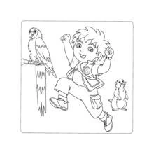 Dibujo de Diego saltando con un loro y un roedor para colorear