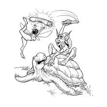 Dibujo de Korrigan montando una tortuga gigante persiguiendo a un hada para colorear