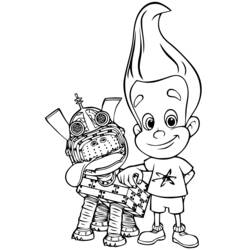 Dibujo de Jimmy Neutron de pie junto a su perro robot Goddard para colorear