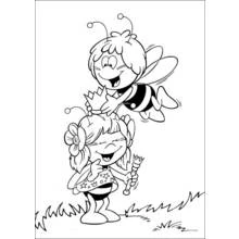 Dibujo de La Abeja Maya volando sobre una niña sonriente para colorear