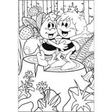 Dibujo de La Abeja Maya abrazando a Willy sobre un tocón para colorear