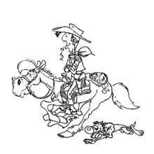 Dibujo de Lucky Luke cabalgando sobre Jolly Jumper con Rantanplán para colorear