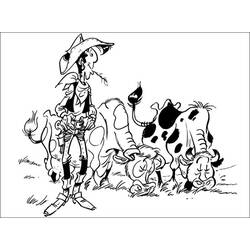 Dibujo de Lucky Luke de pie junto a vacas pastando para colorear