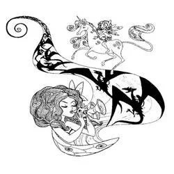 Dibujo de Mia y Me montando un unicornio sobre una chica tocando un cuerno para colorear