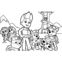Dibujo de Paw Patrol reunidos frente a la torre de vigilancia para colorear