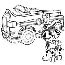 Dibujo de Marshall junto a su camión de bomberos para colorear