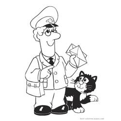 Dibujo de Postman Pat sosteniendo una carta junto a su gato para colorear