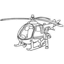 Dibujo de Sam el Bombero junto al helicóptero de rescate para colorear