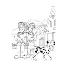 Dibujo de Sam el Bombero y un compañero con un perro dálmata para colorear