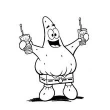 Dibujo de SpongeBob SquarePants: Patricio con dos bebidas para colorear Dibujo de SpongeBob SquarePants: Patricio con dos bebidas para colorear