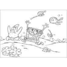 Dibujo de SpongeBob SquarePants y Patricio persiguiendo medusas para colorear Dibujo de SpongeBob SquarePants y Patricio persiguiendo medusas para colorear