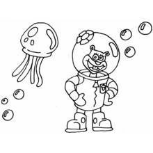Dibujo de Sandy Cheeks con una medusa bajo el agua para colorear Dibujo de Sandy Cheeks con una medusa bajo el agua para colorear
