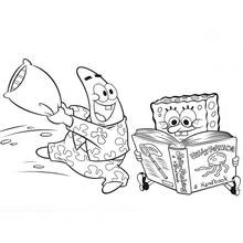 Dibujo de SpongeBob SquarePants leyendo mientras Patricio agita una almohada para colorear Dibujo de SpongeBob SquarePants leyendo mientras Patricio agita una almohada para colorear