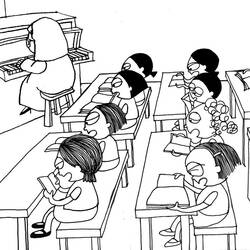 Dibujo de Aula con piano y alumnos en sus pupitres para colorear