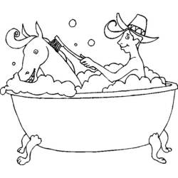 Dibujo de Vaquero bañando a su caballo en la tina para colorear