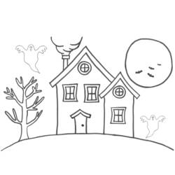 Dibujo de Casa embrujada con fantasmas y luna para colorear