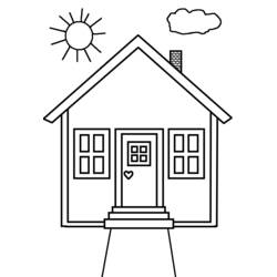 Dibujo de Casa sencilla con sol y nube para colorear