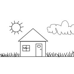 Dibujo de Casa sencilla con sol y nubes para colorear