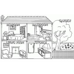 Dibujo de Casa en corte con habitaciones señaladas para colorear