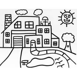 Dibujo de Casa con garaje y camino sinuoso para colorear