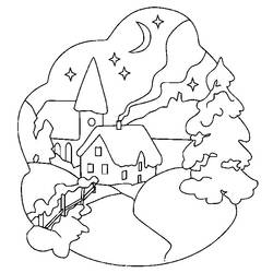 Dibujo de Casa de pueblo nevado bajo la noche estrellada para colorear