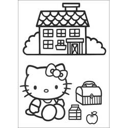 Dibujo de Hello Kitty con su casa y su almuerzo para colorear