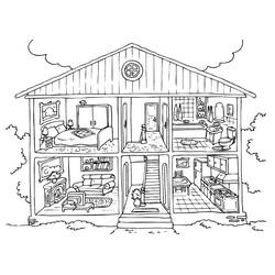 Dibujo de Casa en corte con sus habitaciones para colorear
