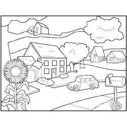 Dibujo de Casa con coche y buzón en un barrio tranquilo para colorear