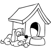 Dibujo de Caseta de Perro con perro tumbado y un hueso para colorear