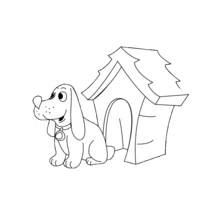 Dibujo de Caseta de perro con cachorro sentado para colorear