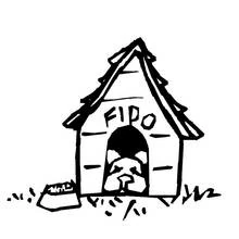 Dibujo de Caseta de perro llamada Fido con un perro asomándose para colorear