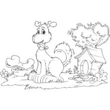 Dibujo de Caseta de perro con un perro sentado y un hueso para colorear