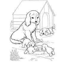 Dibujo de Caseta de Perro con una perra y sus cachorros para colorear