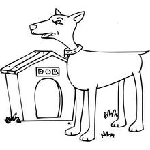 Dibujo de Caseta de perro con un Doberman vigilante para colorear
