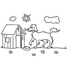 Dibujo de Caseta de Perro con perro trayendo un hueso para colorear