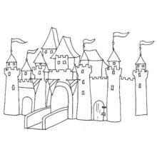 Dibujo de Castillo con puente levadizo y torres redondas para colorear