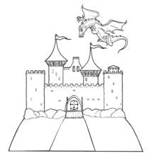 Dibujo de Castillo con un dragón volando sobre las torres para colorear
