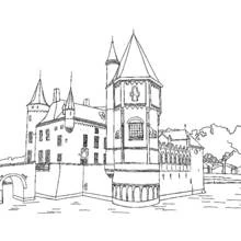 Dibujo de Castillo con torres y puente sobre el foso para colorear