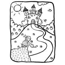 Dibujo de Princesa caminando hacia un castillo en la colina para colorear