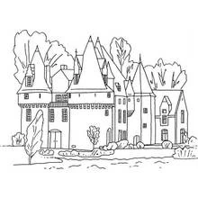 Dibujo de Castillo de torres puntiagudas junto al agua para colorear