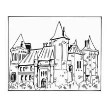Dibujo de Castillo con torres puntiagudas y varios tejados para colorear