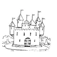 Dibujo de Castillo con seis torres y banderas para colorear