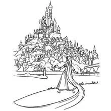 Dibujo de Rapunzel frente al castillo del reino para colorear
